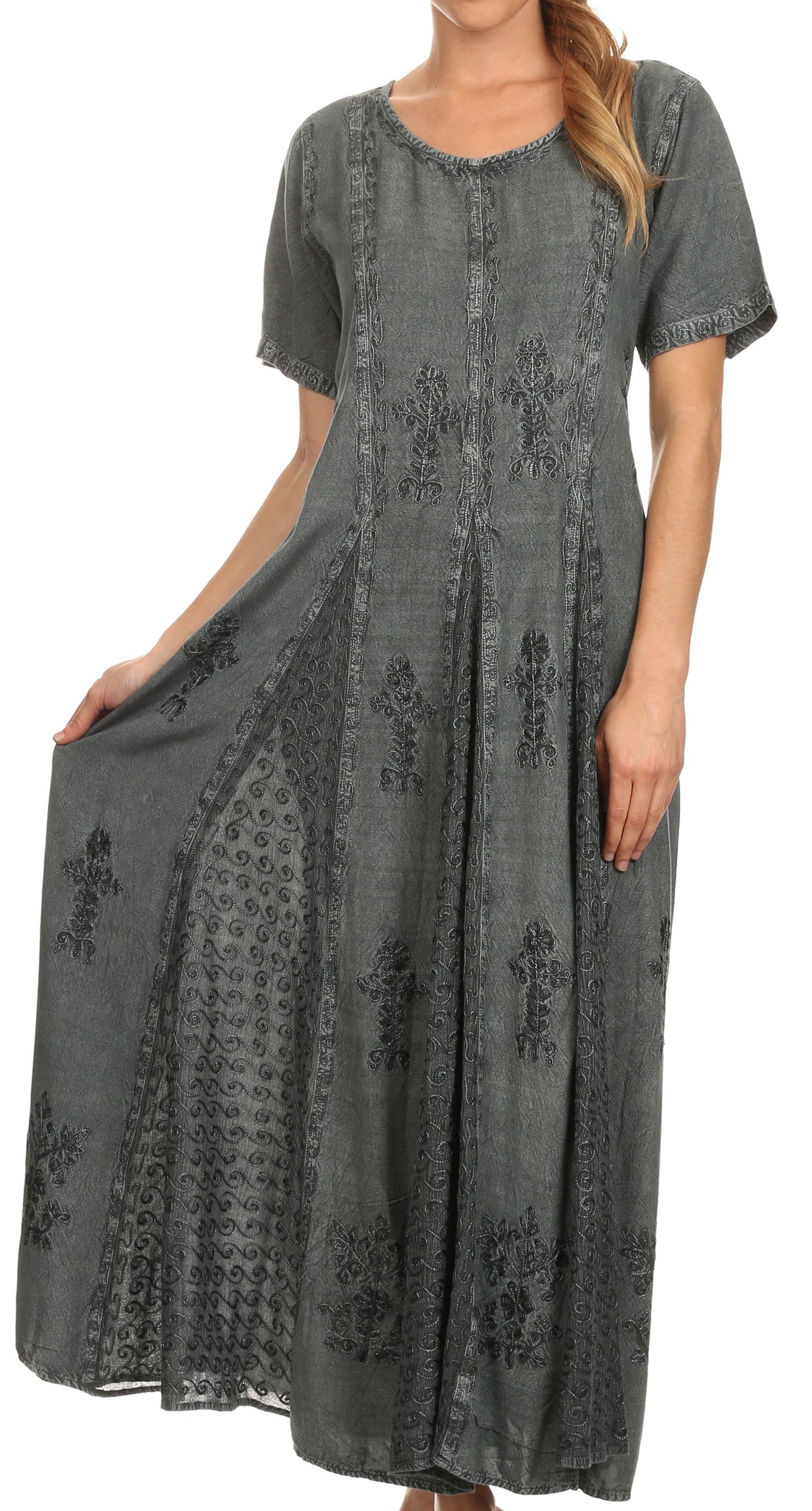 Dark grey cap sleeve caftan long dress with embroidered yoke and gathered skirt