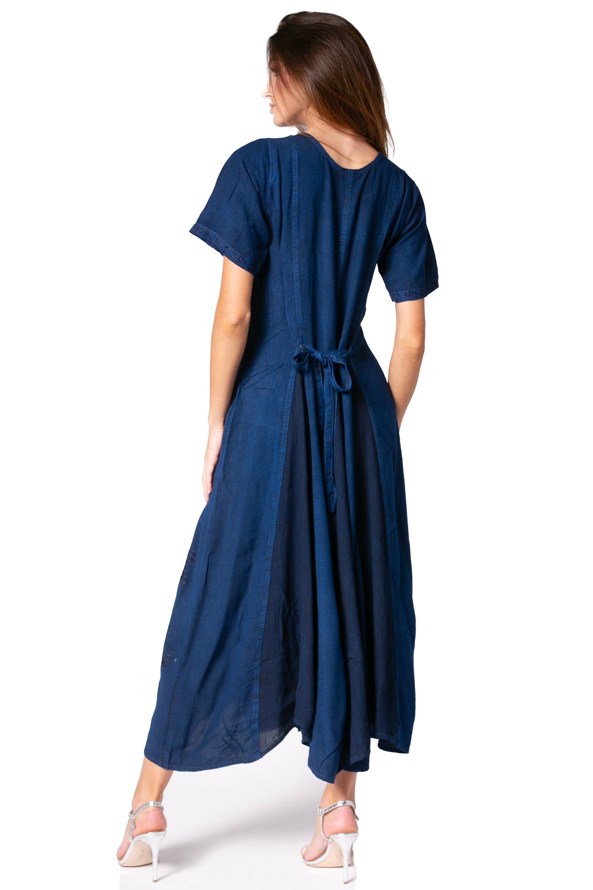 Blue embroidered long caftan dress from back with tie waist detail