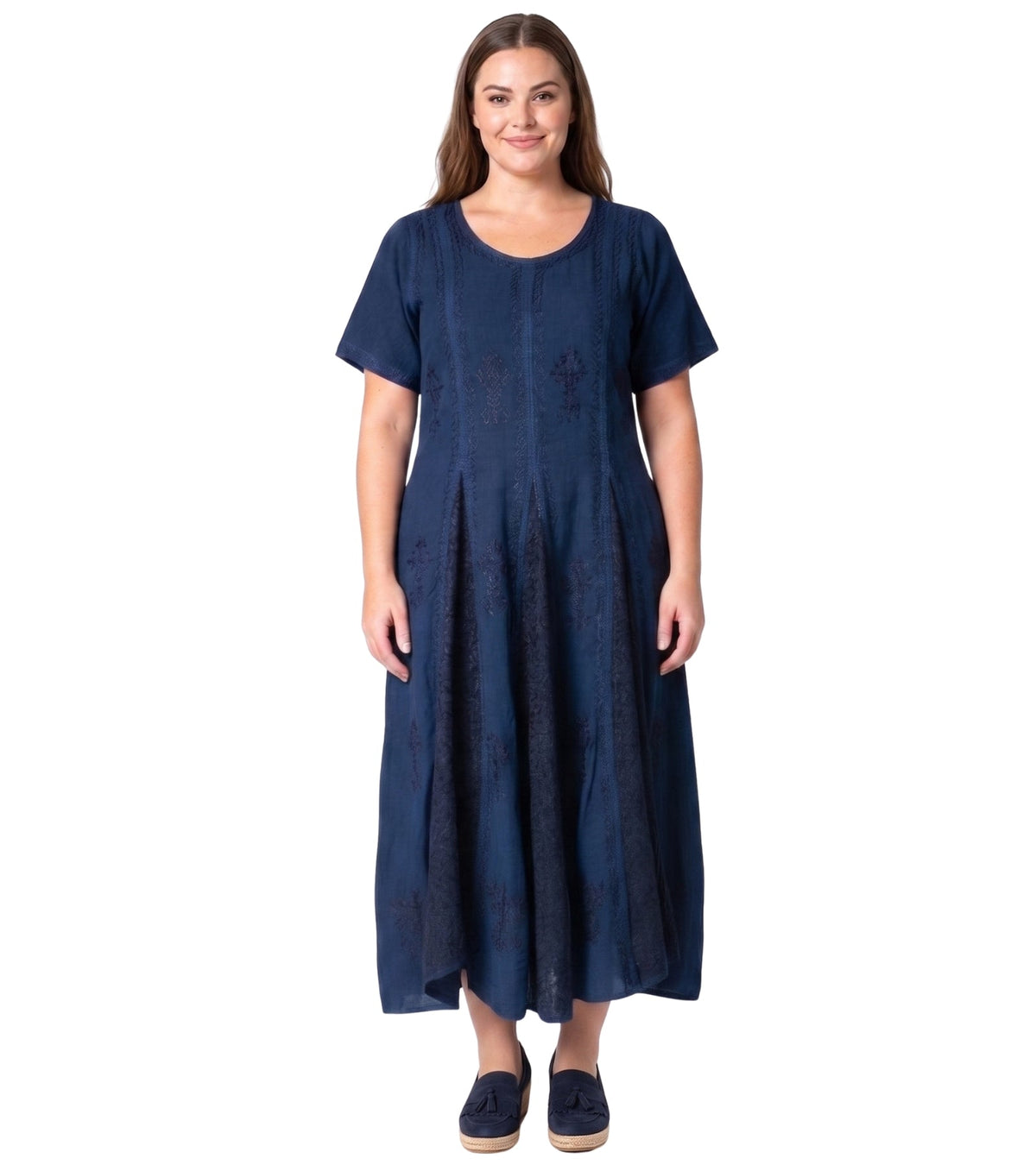 Navy embroidered long caftan dress with short cap sleeves and round neckline