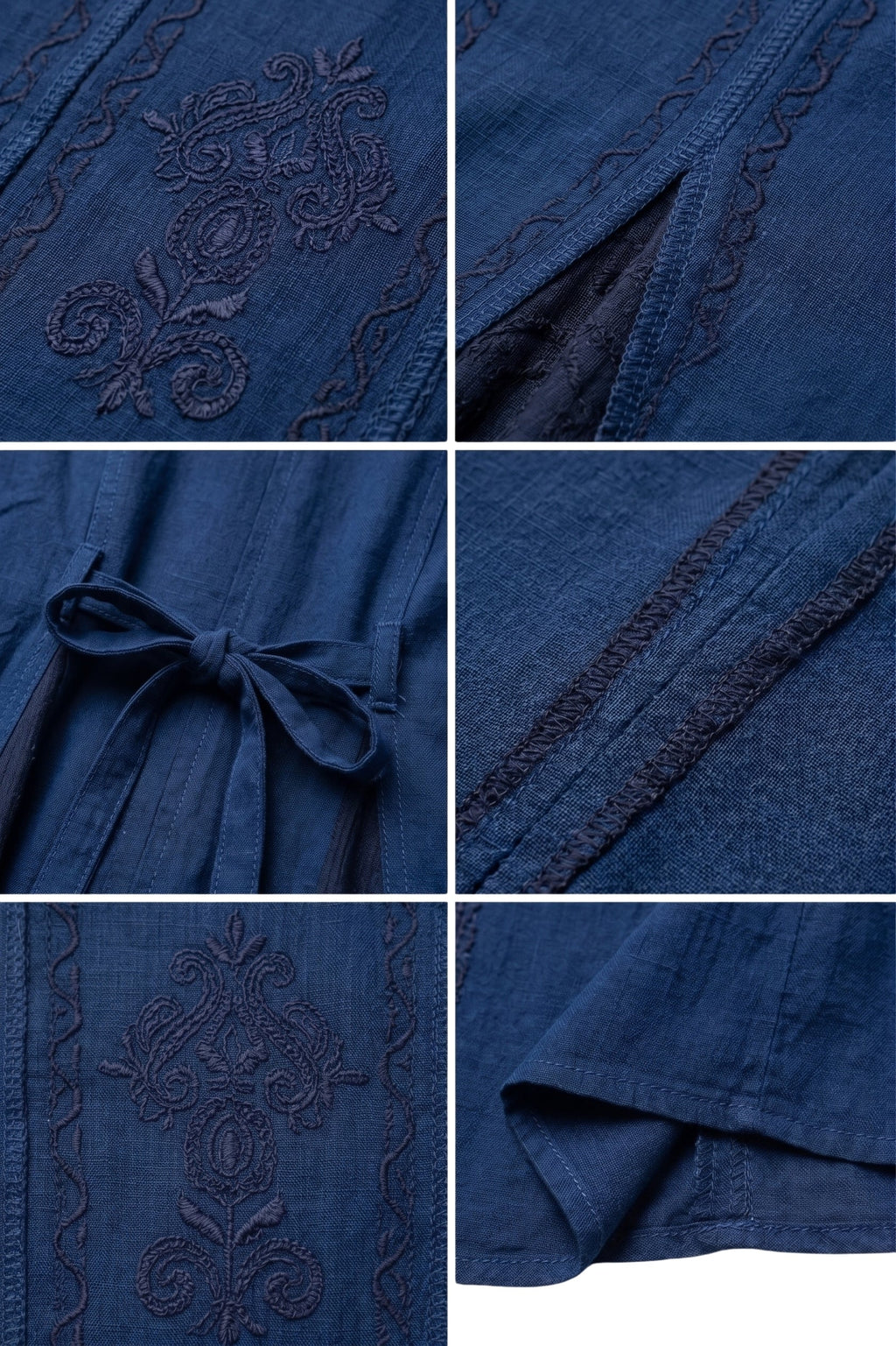Close-up of blue embroidered caftan fabric with ornate stitchwork