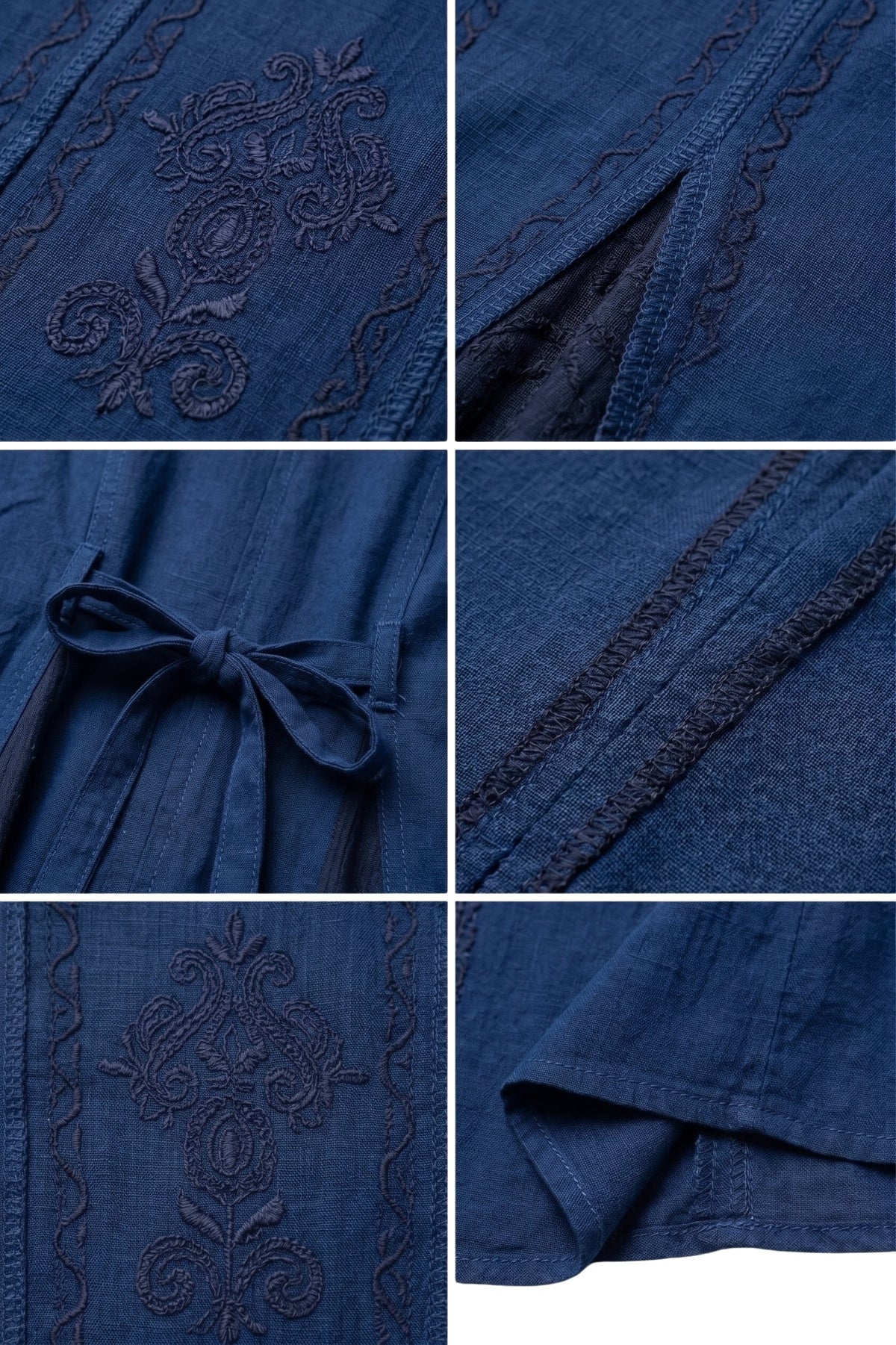 Close-up of blue embroidered caftan fabric with ornate stitchwork
