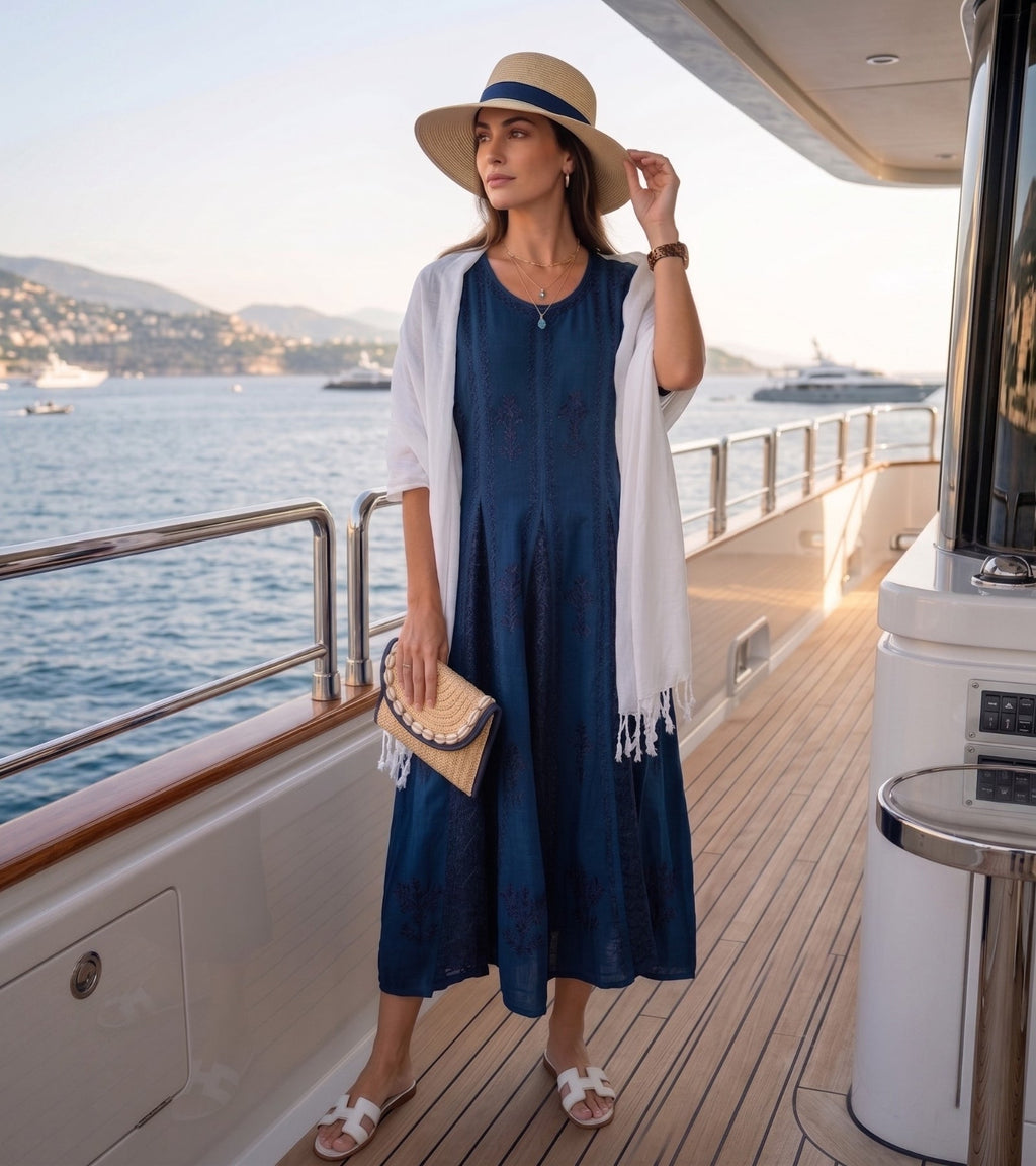 Blue embroidered long caftan dress with short sleeves and tie-front neckline