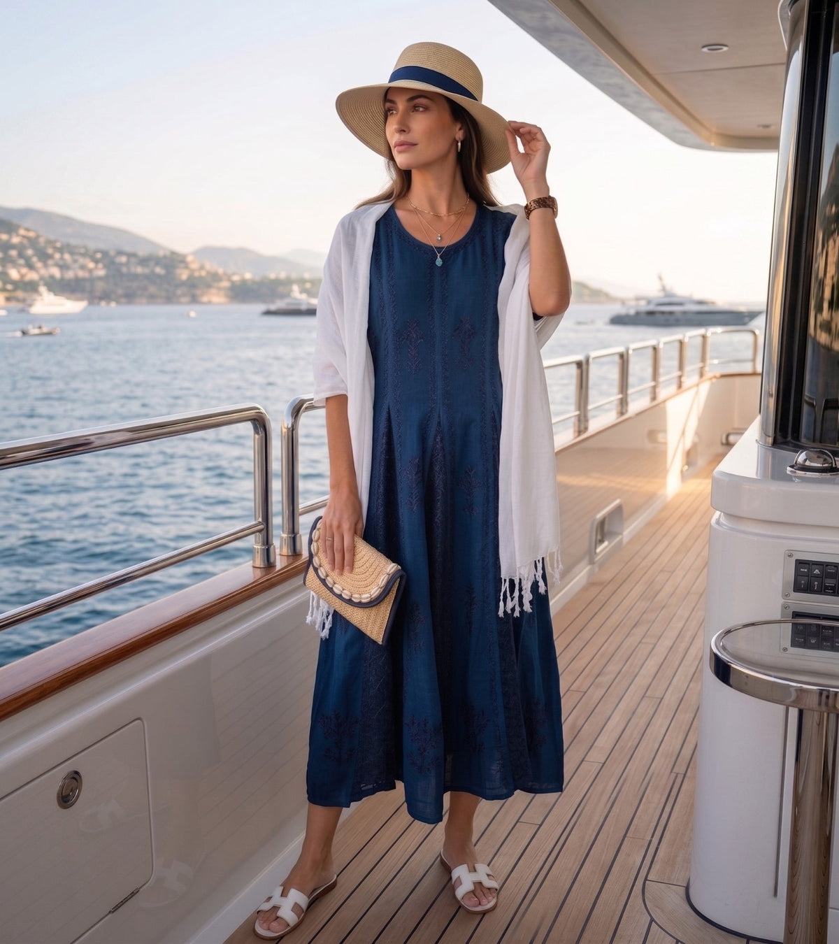 Blue embroidered long caftan dress with short sleeves and tie-front neckline