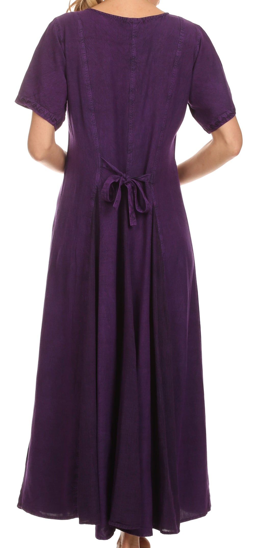 Back view of purple embroidered long caftan dress with tie waist