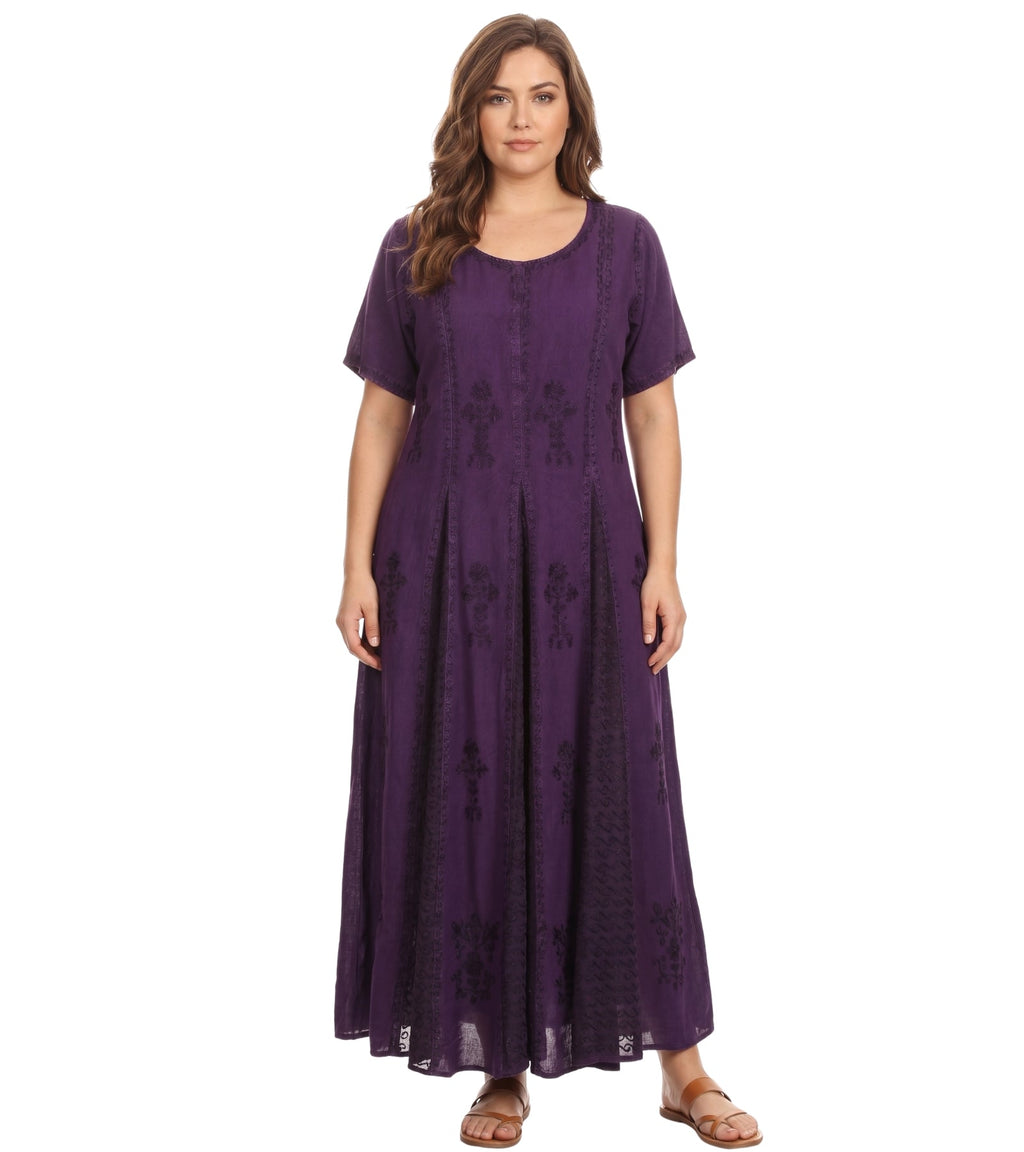 Purple embroidered long caftan dress with cap sleeves and round neckline