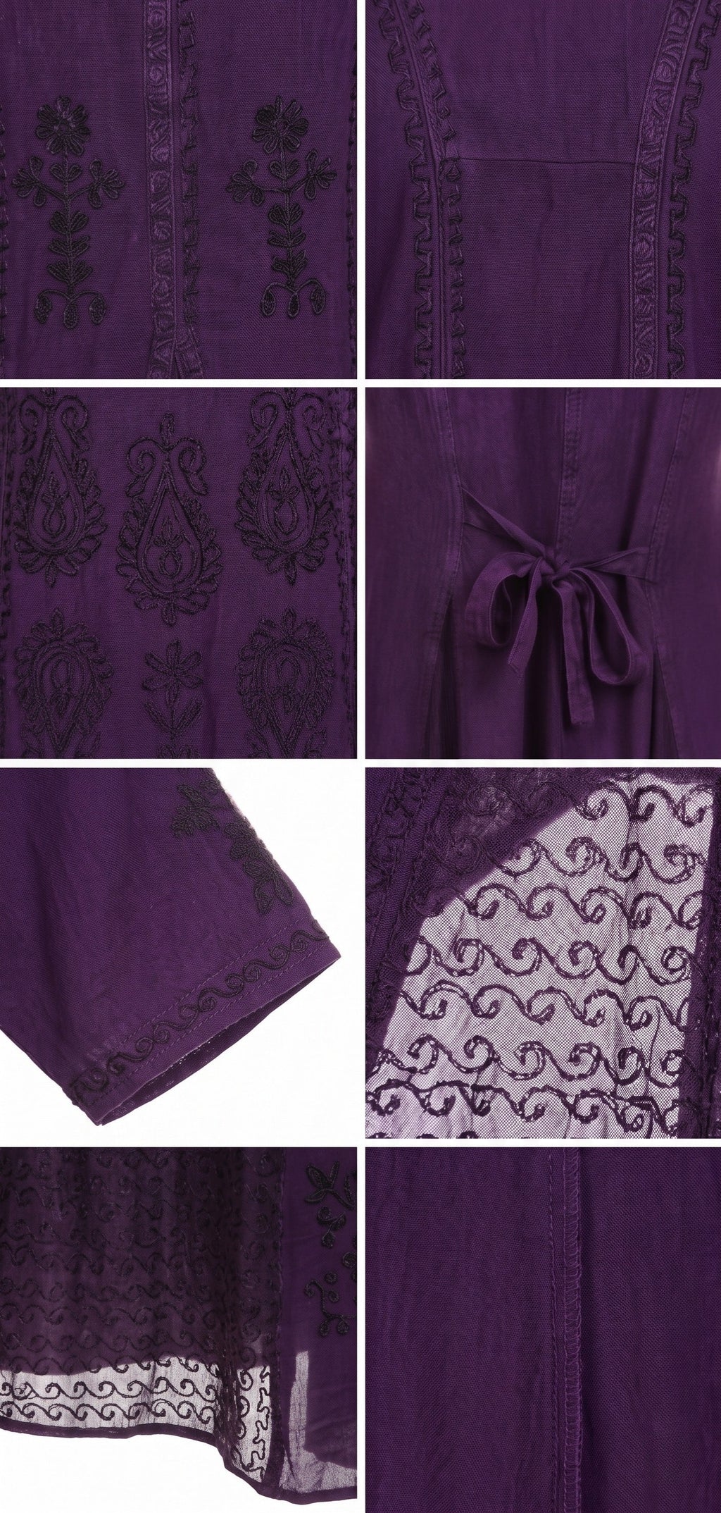 Purple caftan dress embroidery detail and back tie bow (close-up collage)