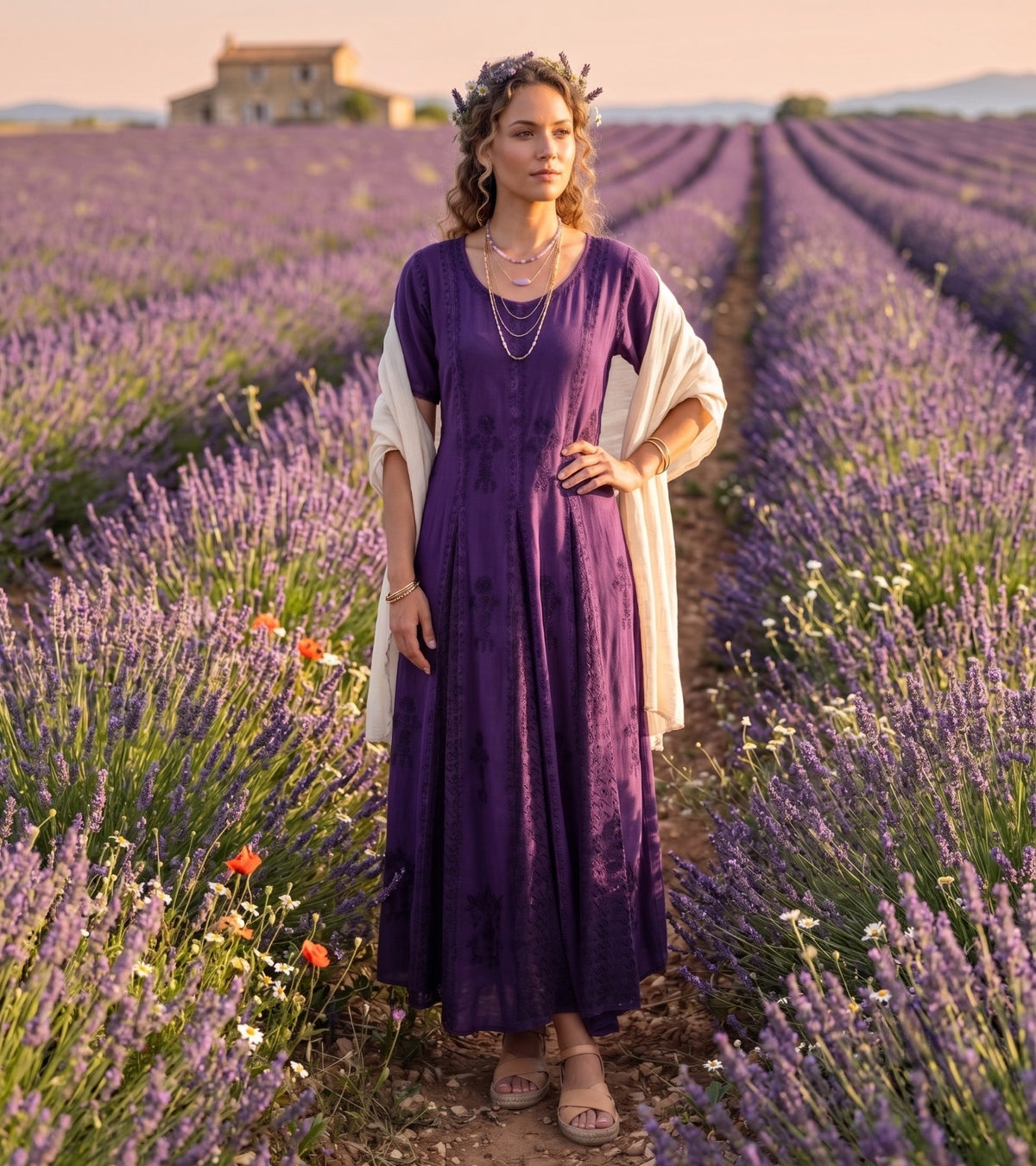 Purple embroidered long caftan dress with cap sleeves, loose fit and round neck