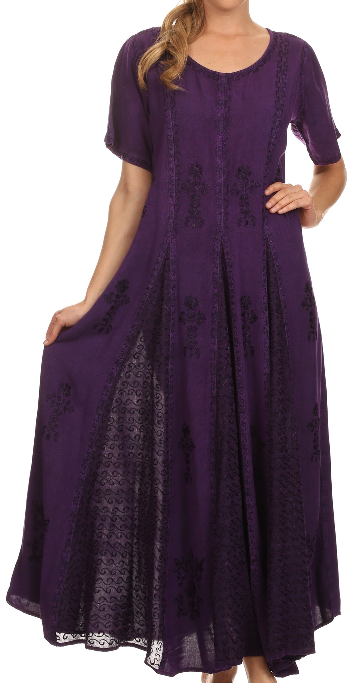 Purple embroidered long caftan dress with short cap sleeves and round neckline
