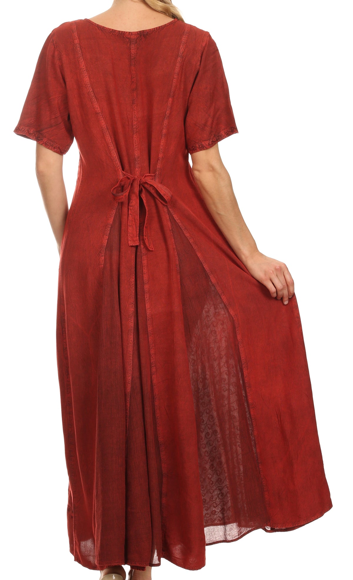 Red long caftan dress with cap sleeves and back waist tie detail