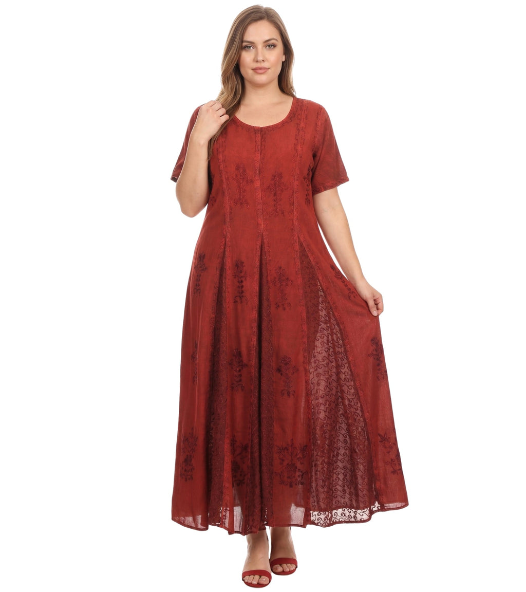 Red embroidered long caftan dress with cap sleeves and A-line silhouette