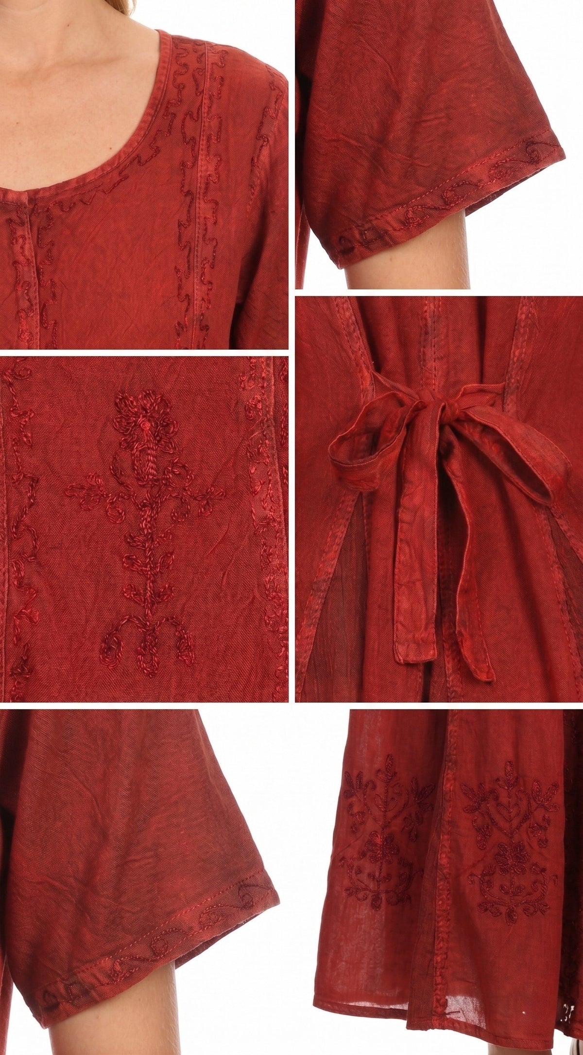 Red caftan dress embroidery detail and back waist tie (close-up collage)
