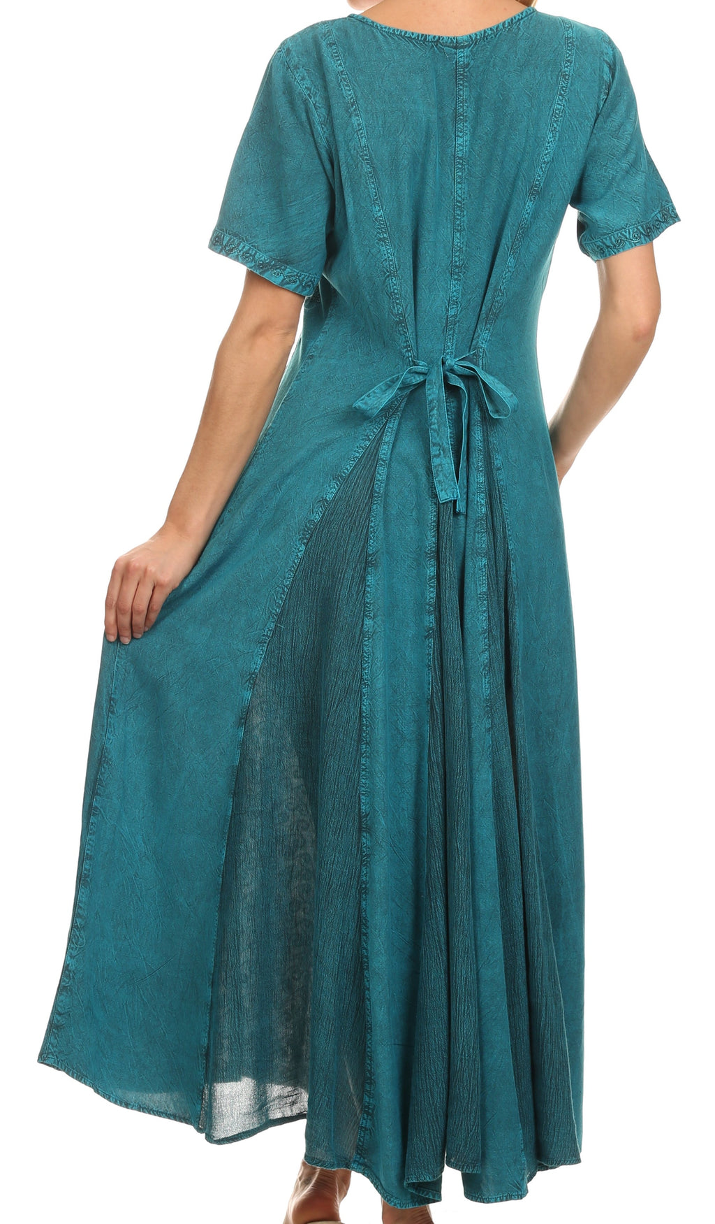Turquoise embroidered caftan dress with short sleeves, tied back waist, and long flared skirt