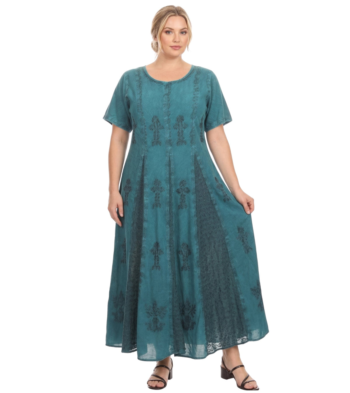 Turquoise embroidered caftan dress with cap sleeves, round neck, and long flowy skirt