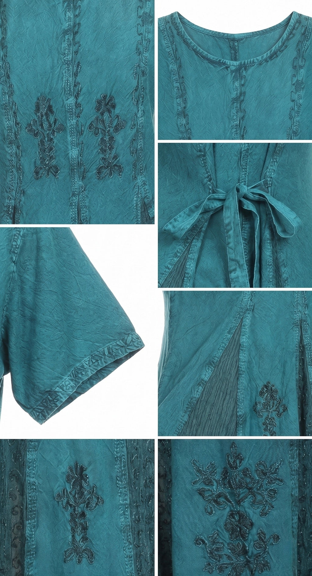 Turquoise caftan dress details: embroidered pattern, round neck, and back tie waist