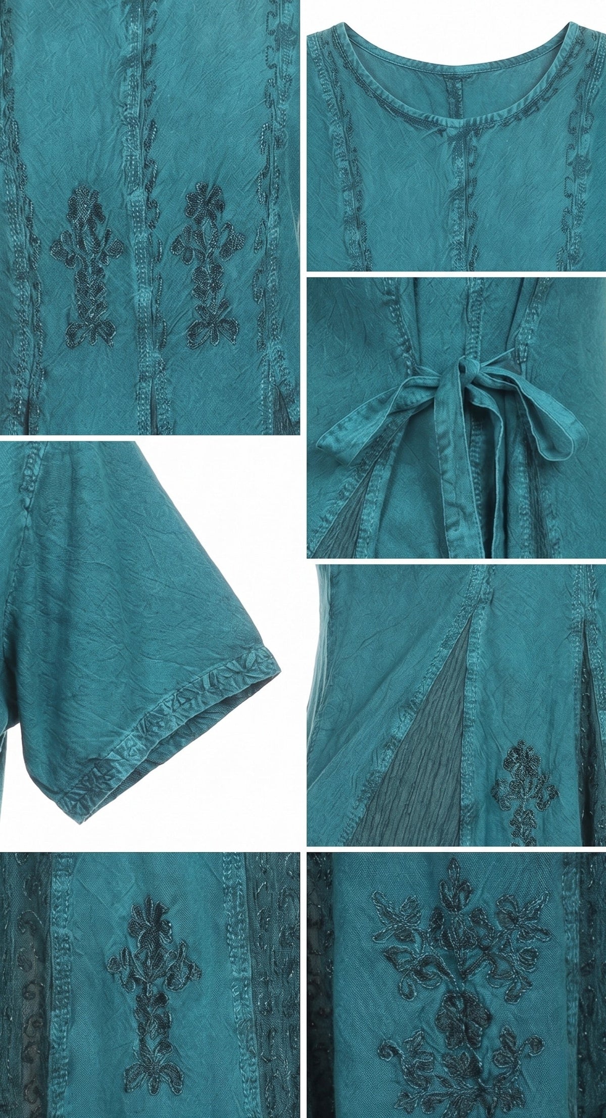 Turquoise caftan dress details: embroidered pattern, round neck, and back tie waist