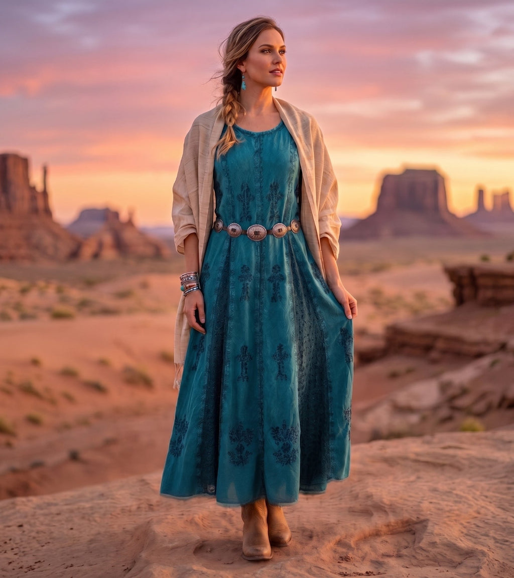 Turquoise embroidered caftan dress with cap sleeves, round neckline, and gathered long skirt