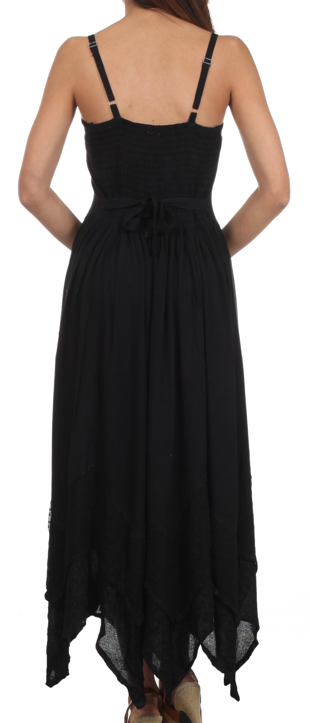 Black long spaghetti-strap dress with square back and gathered waist
