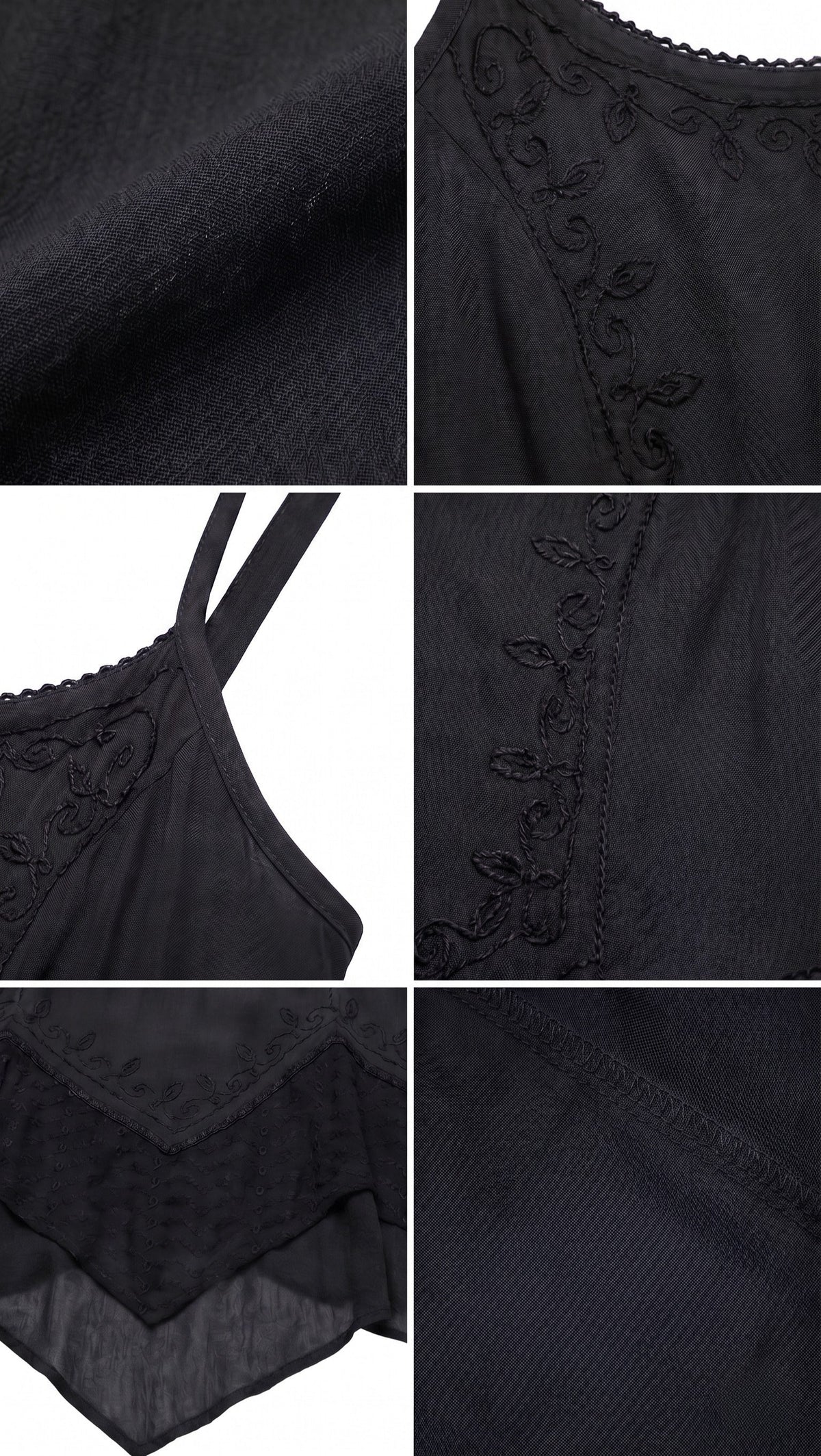 Black sleeveless dress close-up with embroidered bodice and scalloped neckline