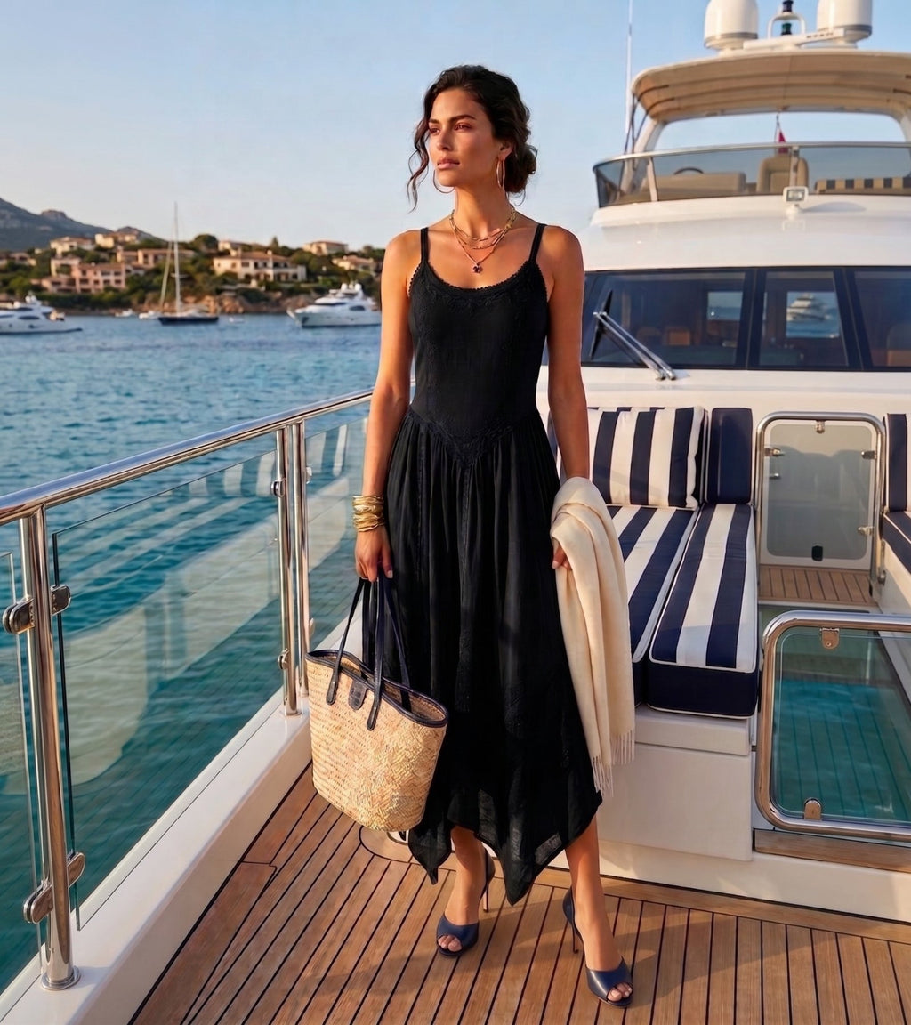 Black long dress with spaghetti straps, gathered skirt, and lace-like asymmetrical hem