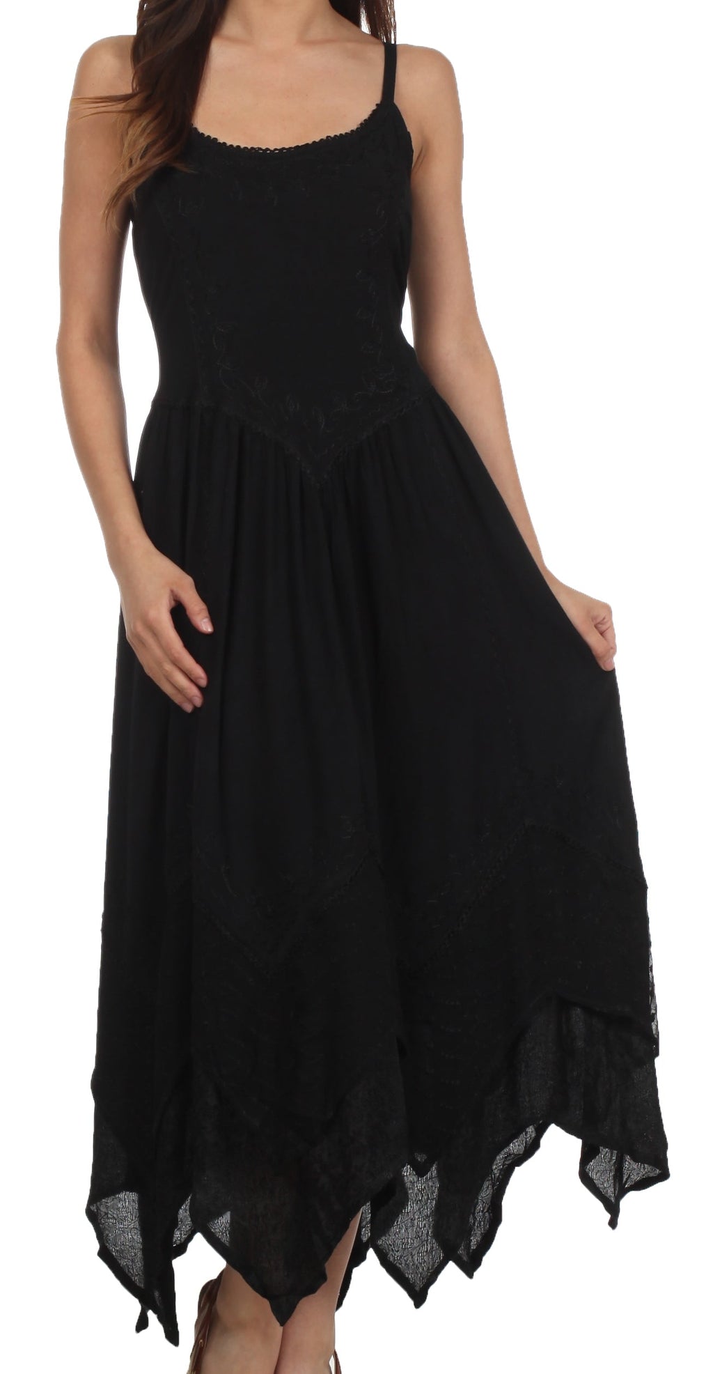 Black long spaghetti-strap dress with adjustable straps and asymmetrical hem