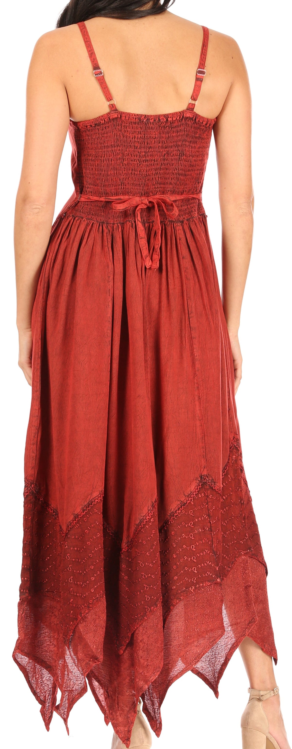Burgundy long dress back view with two spaghetti straps and gathered skirt