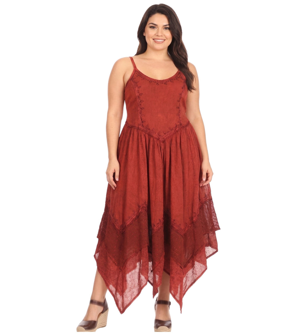 Burgundy long sleeveless dress with embroidered yoke and flowing layered hem
