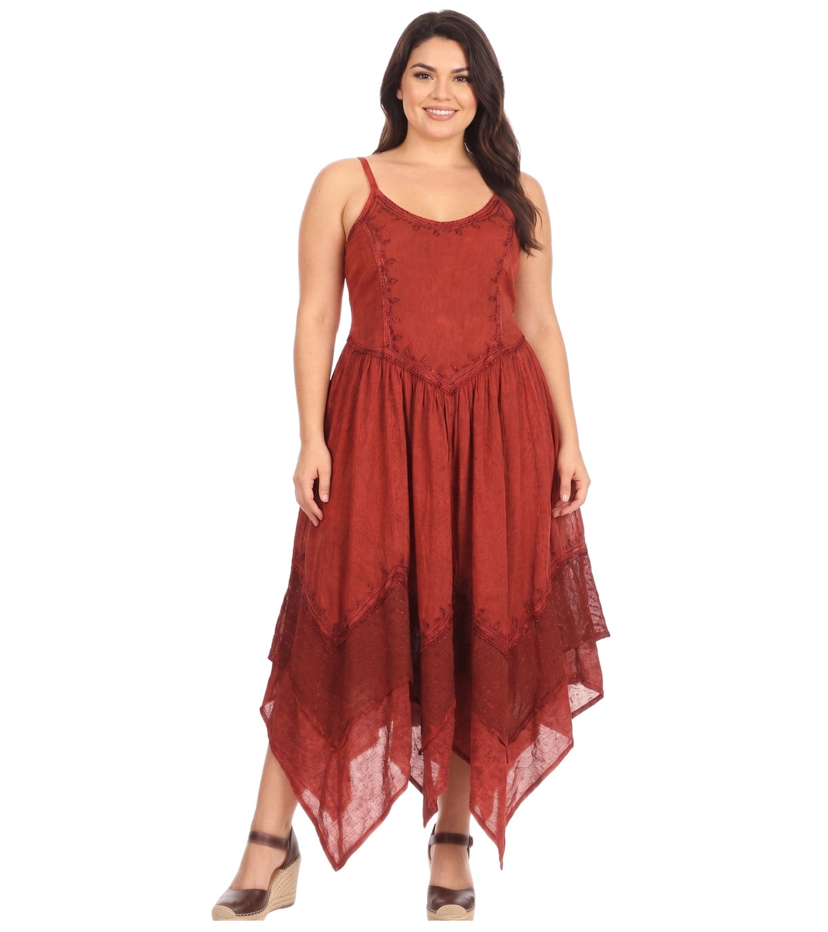 Burgundy long sleeveless dress with embroidered yoke and flowing layered hem