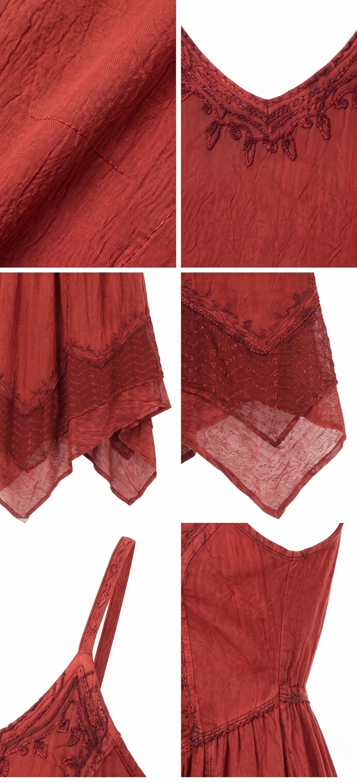 Burgundy stonewashed long dress with embroidered V-neck and adjustable spaghetti straps