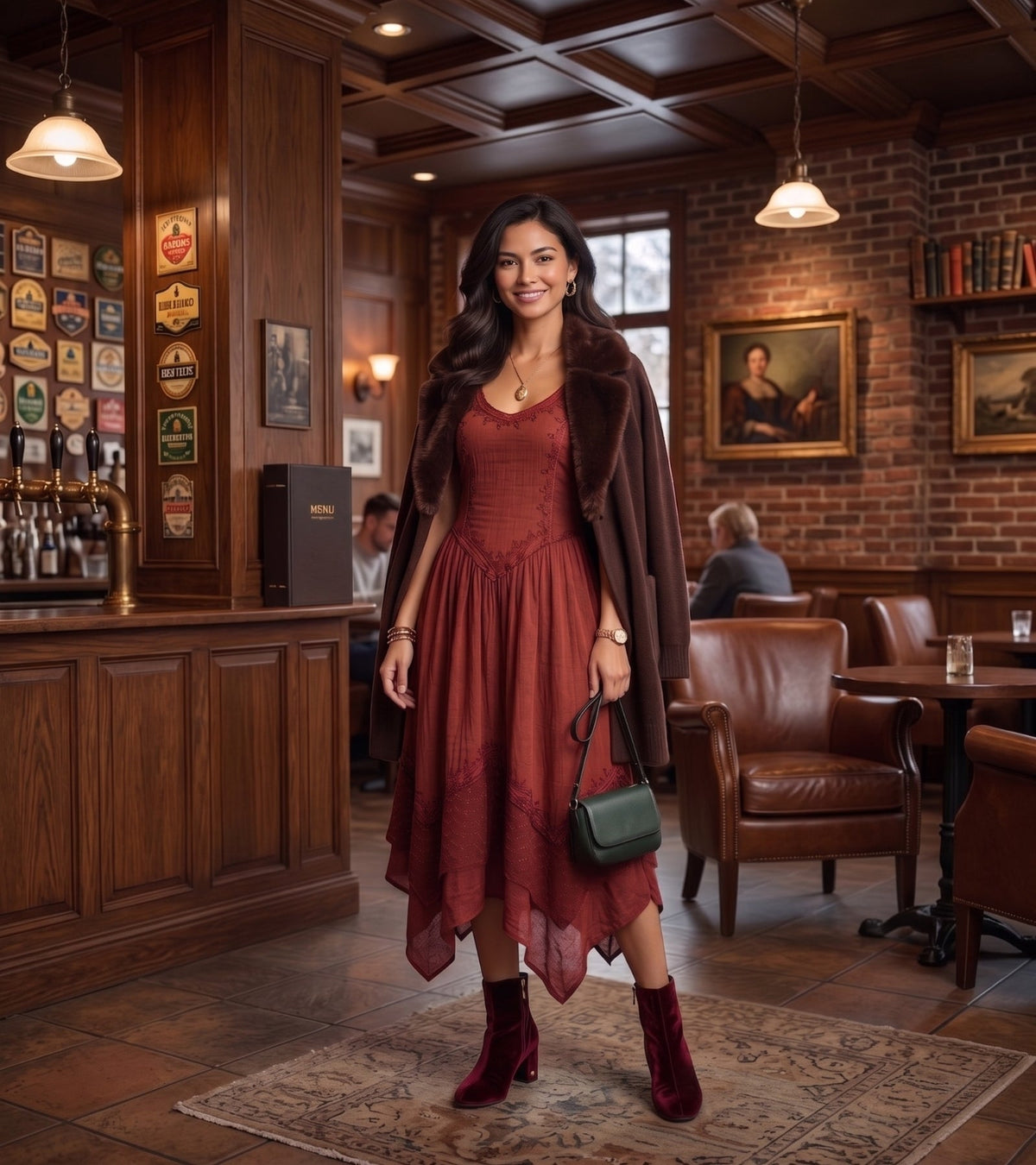 Burgundy long spaghetti-strap dress with smocked bodice and uneven hem