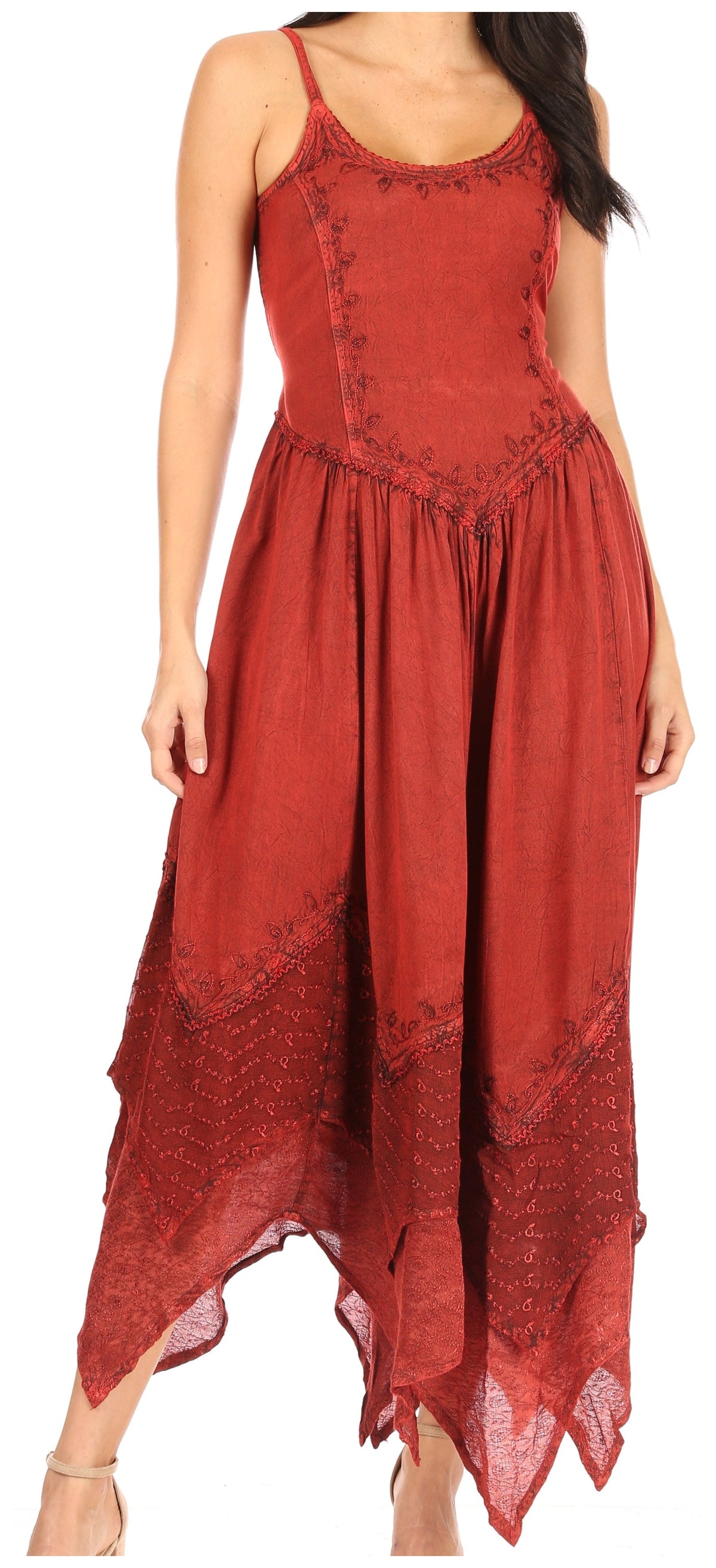 Burgundy long spaghetti-strap dress with embroidered bodice and uneven lace hem