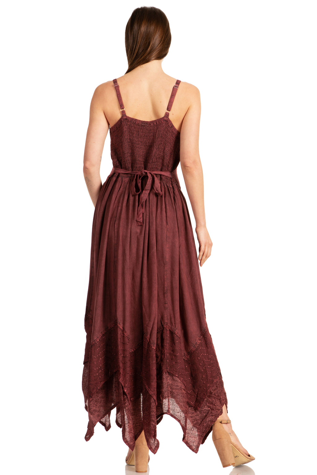Back view of burgundy long dress with adjustable straps and tied waist