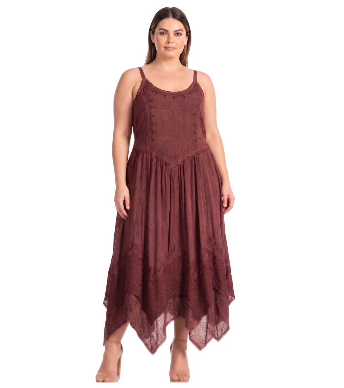 Burgundy sleeveless long dress with embroidered yoke, gathered waist, and uneven hem