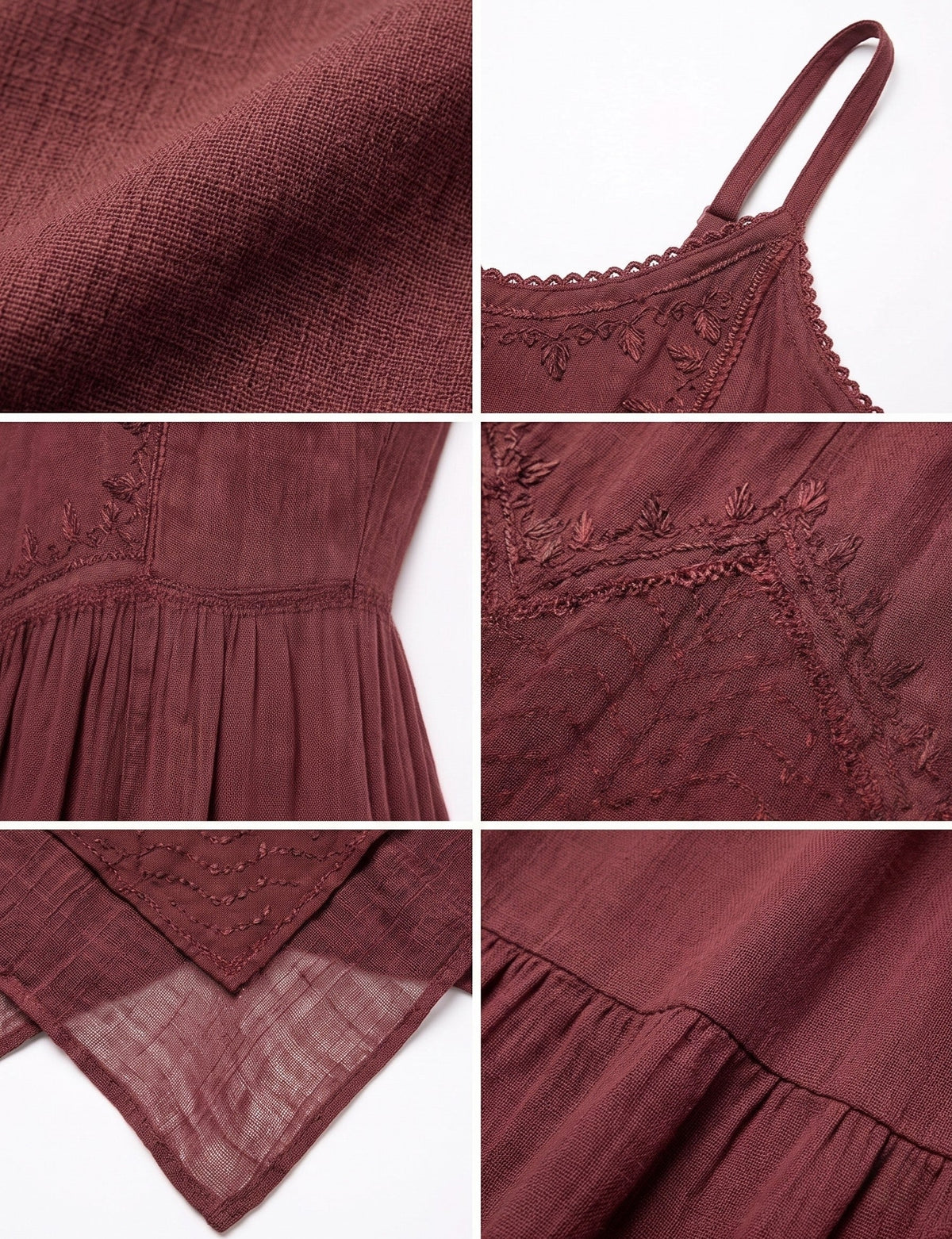 Burgundy long spaghetti-strap dress with embroidered bodice and tiered asym hem