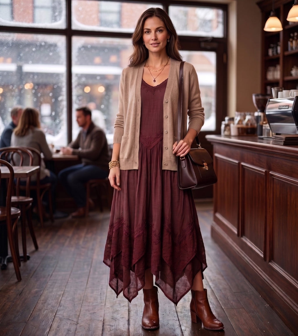 Burgundy long dress with adjustable spaghetti straps, embroidered yoke, and uneven hem