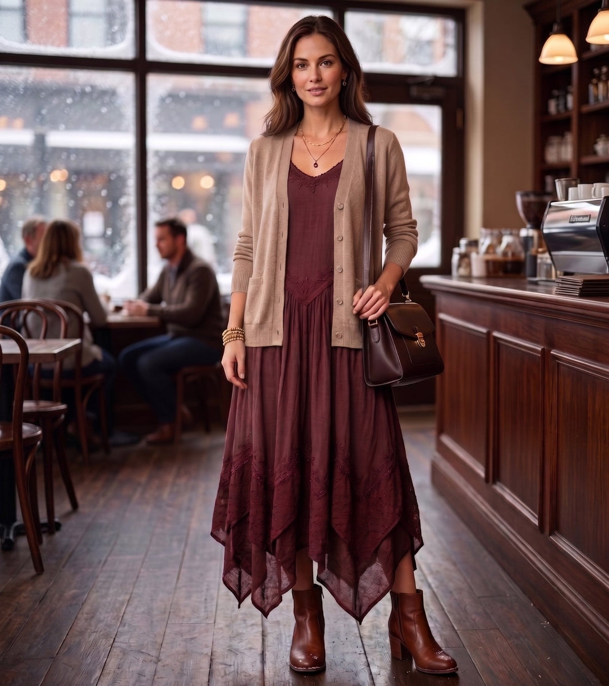 Burgundy long dress with adjustable spaghetti straps, embroidered yoke, and uneven hem