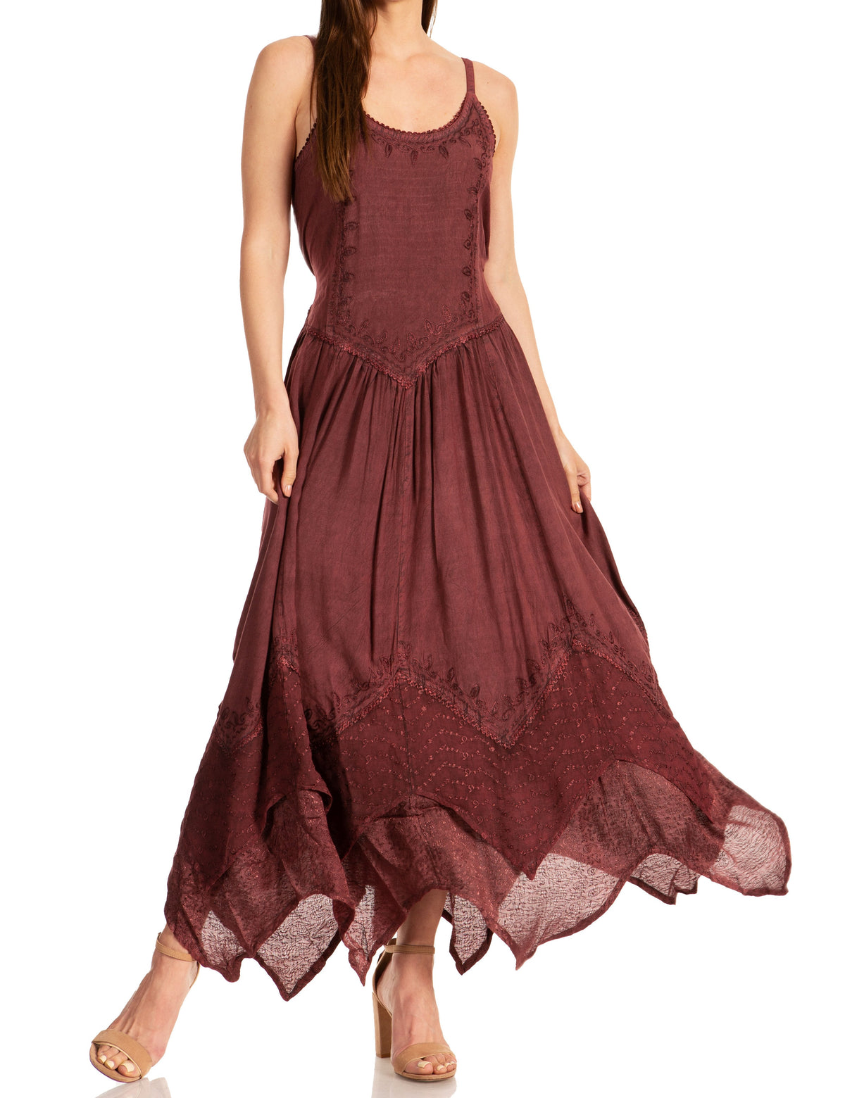 Burgundy long dress with embroidered bodice, adjustable straps, and flowing asymmetrical hem