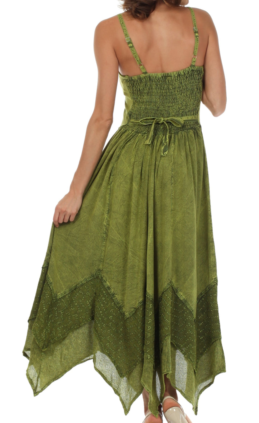 Green long dress with adjustable spaghetti straps, tie waist, and embroidered hem