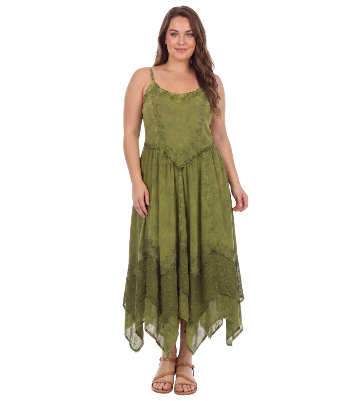 Green long spaghetti-strap dress with embroidered bib and flowing asymmetric hem