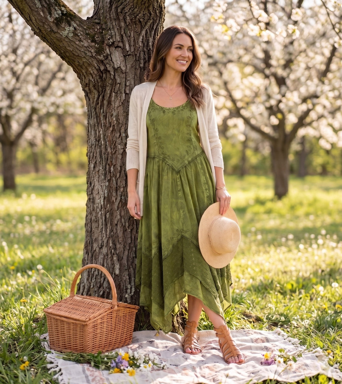 Green long dress with adjustable spaghetti straps and gathered skirt