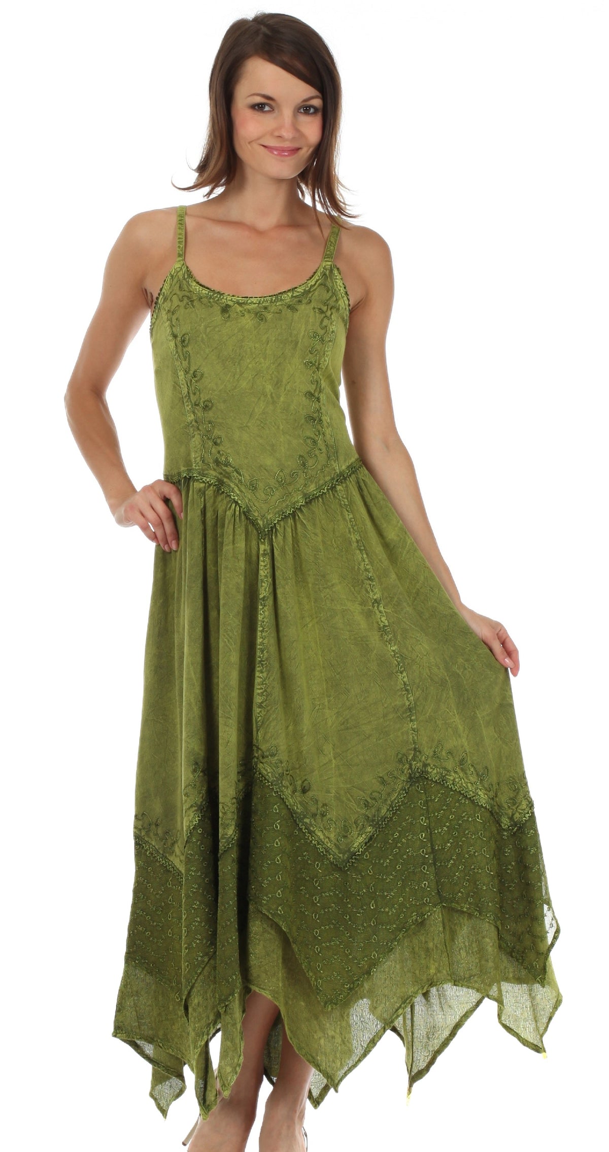 Green long spaghetti-strap dress with embroidered bib detail and gathered skirt