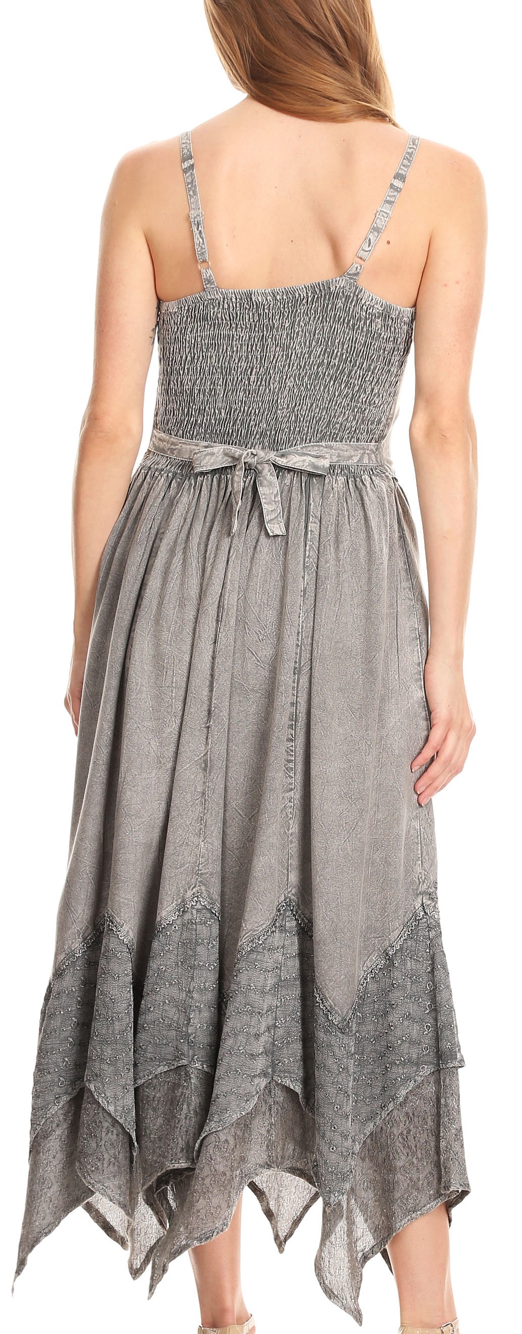 Grey long dress back with adjustable spaghetti straps and gathered waist