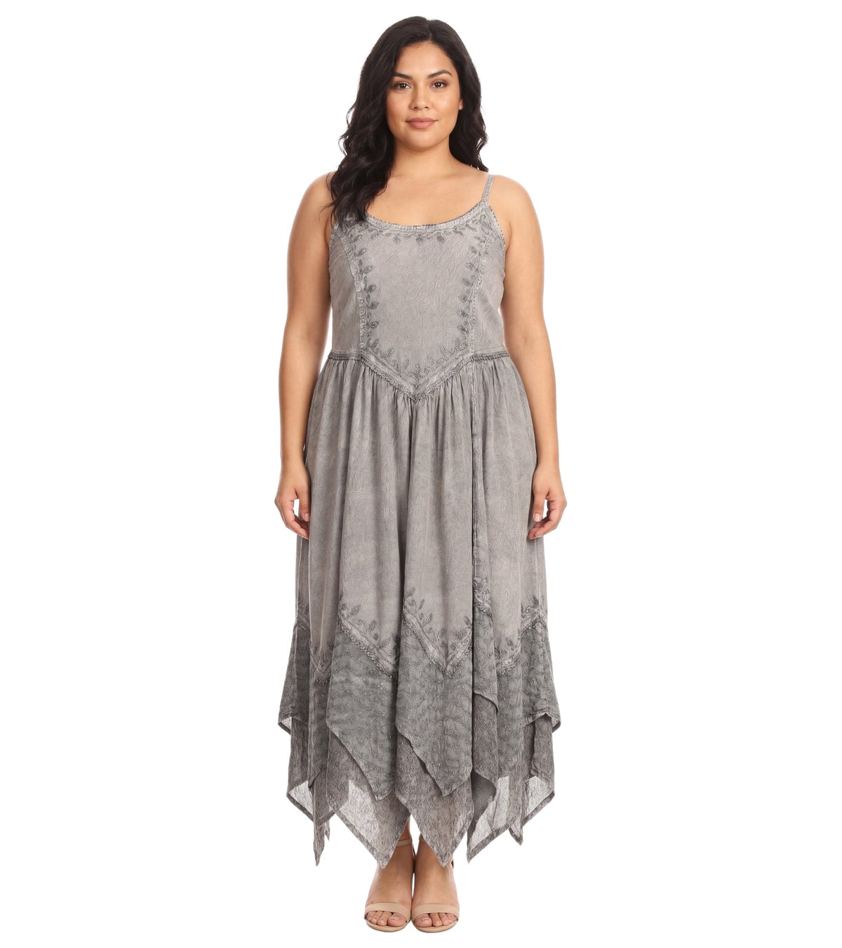 Grey stonewashed long dress with embroidered bodice and adjustable spaghetti straps