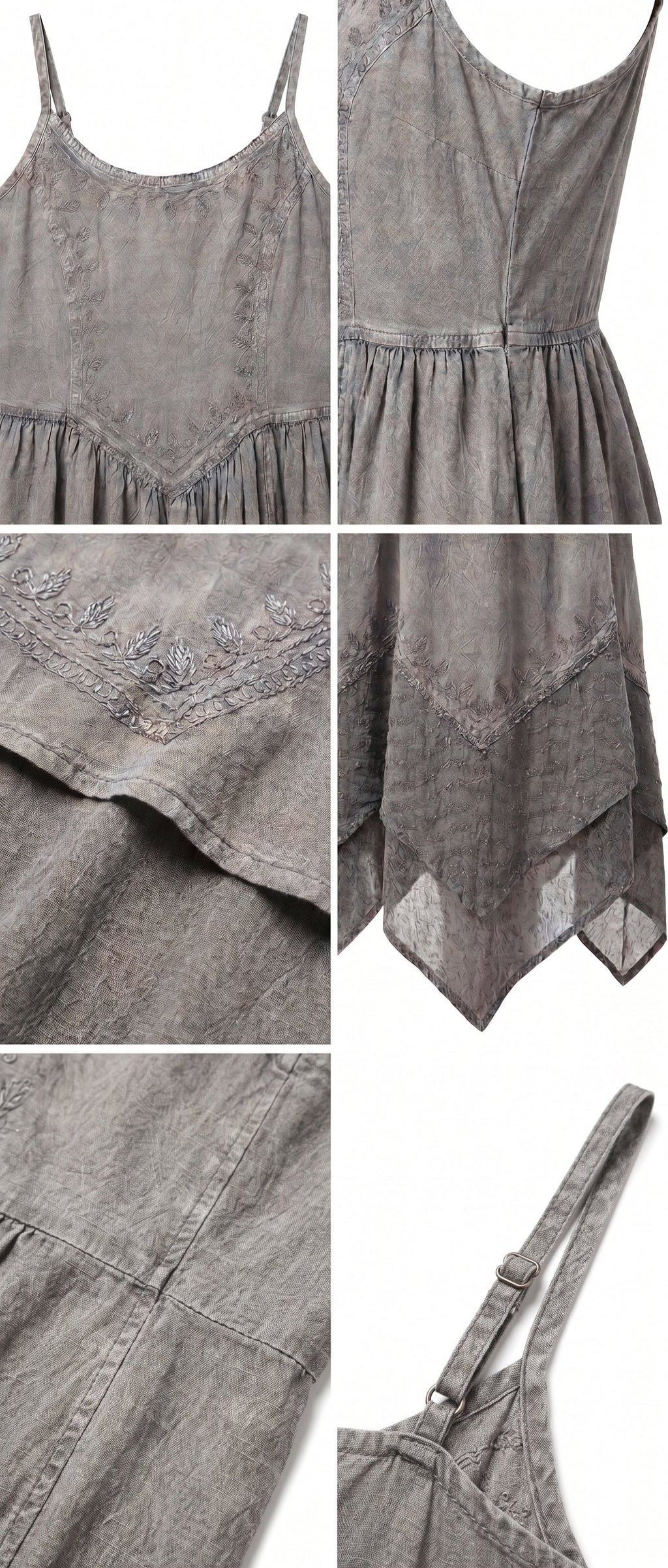 Stonewashed grey long dress details: embroidered yoke, gathered skirt, handkerchief hem