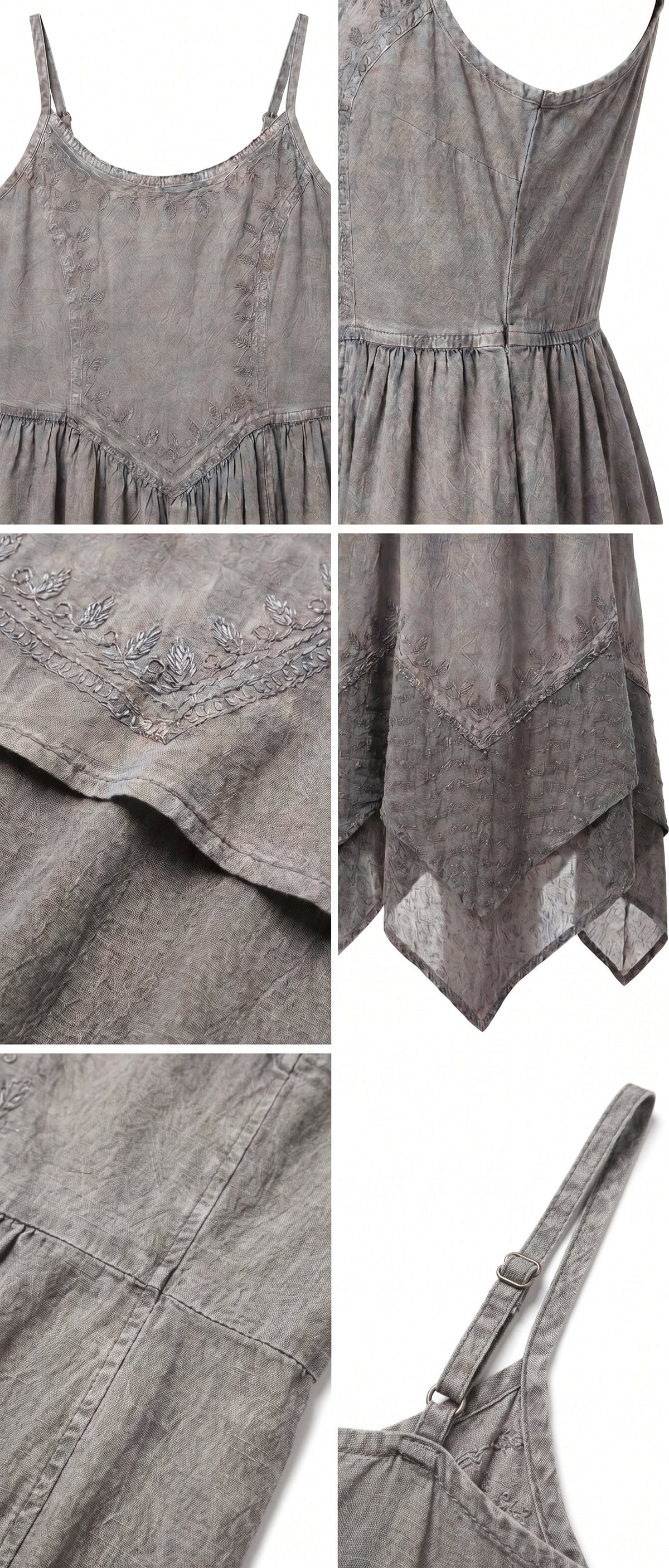 Stonewashed grey long dress details: embroidered yoke, gathered skirt, handkerchief hem