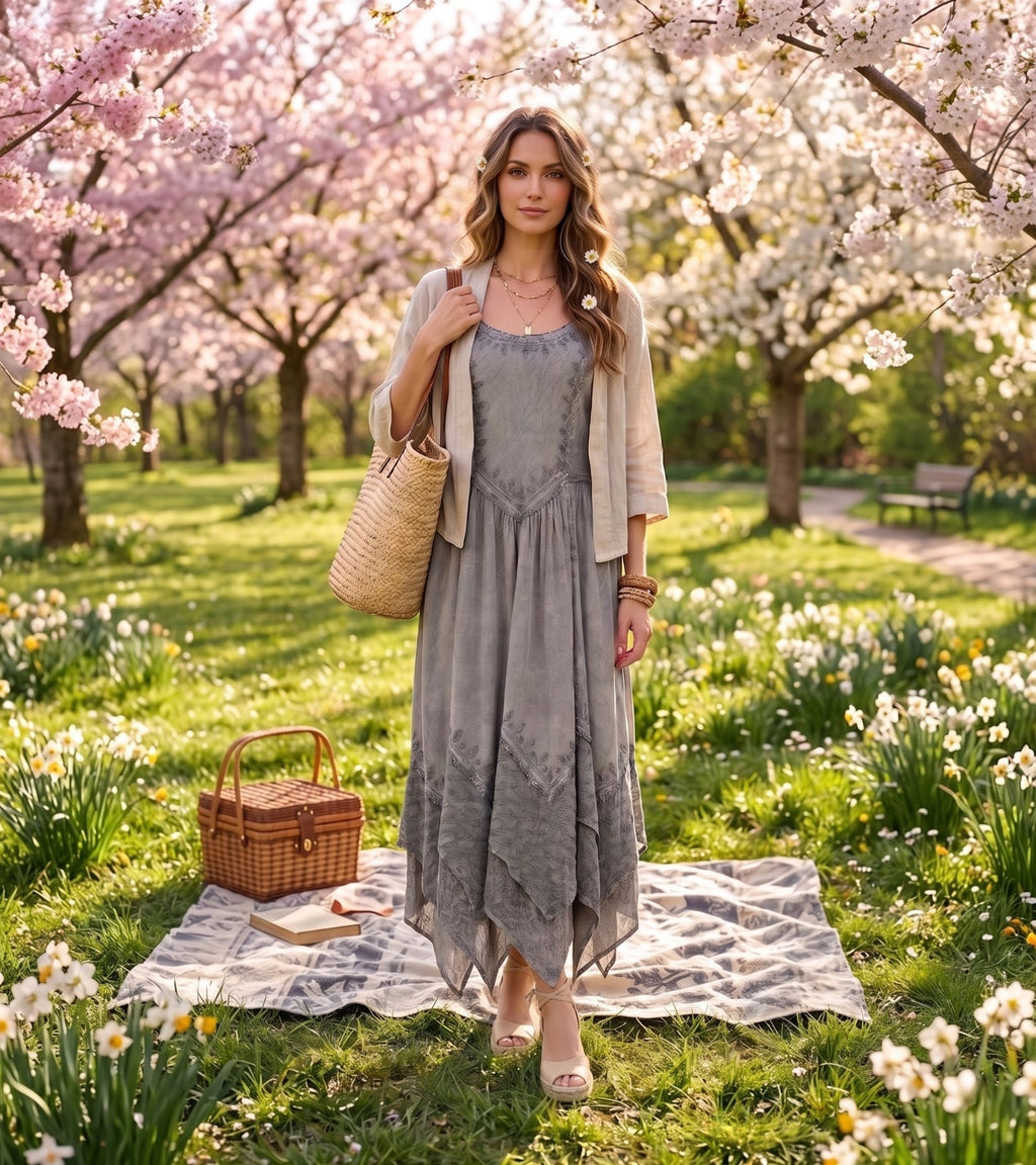 Grey embroidered long sundress with adjustable spaghetti straps and tiered skirt