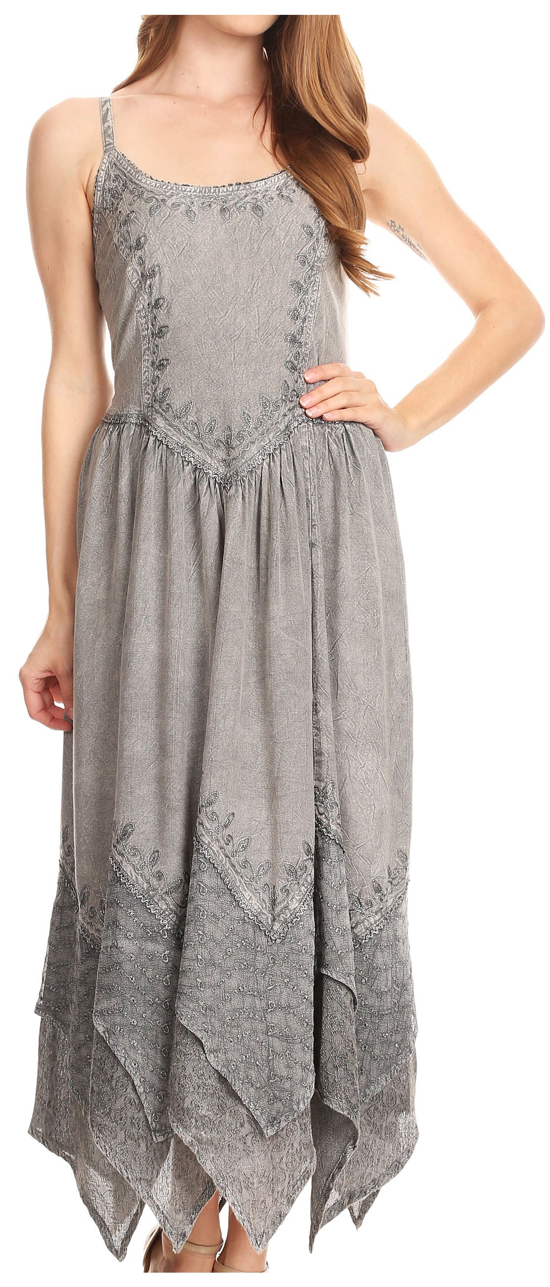 Grey long spaghetti-strap dress with embroidered bodice and gathered tiered skirt