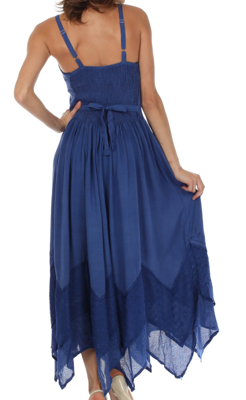 Blue long spaghetti-strap dress with smocked waist and embroidered uneven hem