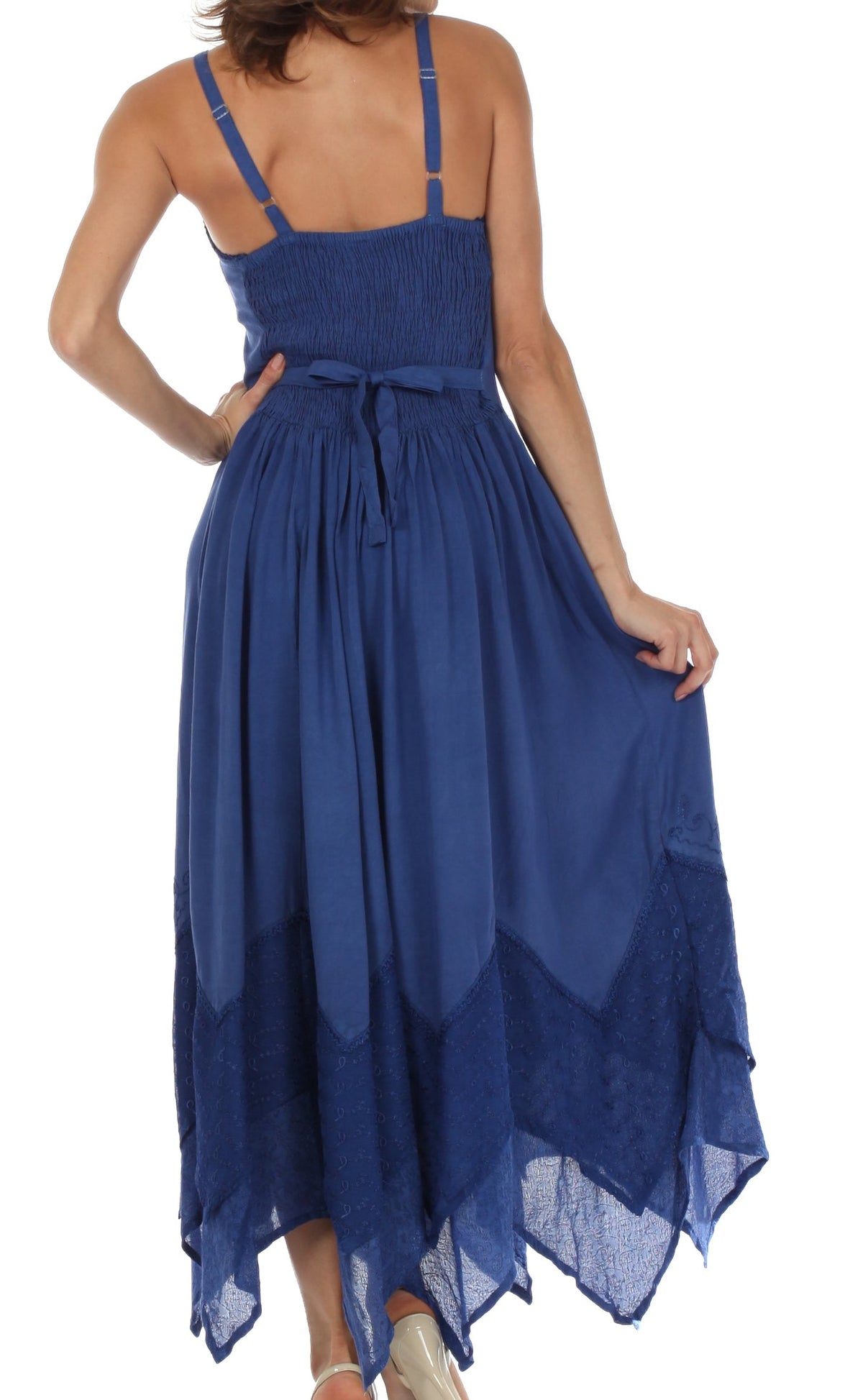 Blue long spaghetti-strap dress with smocked waist and embroidered uneven hem