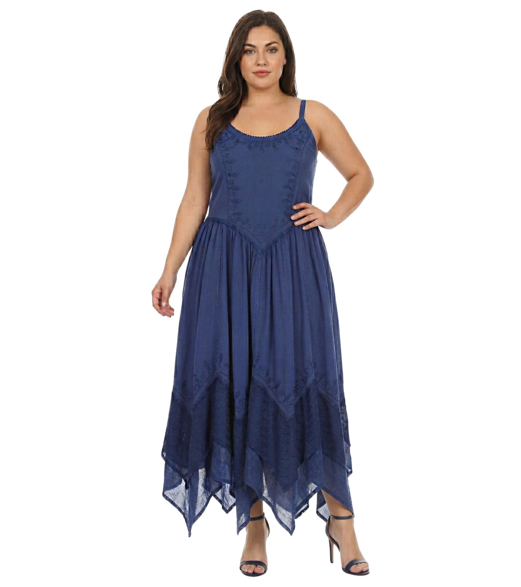 Navy long dress with spaghetti straps, embroidered yoke, and tiered skirt