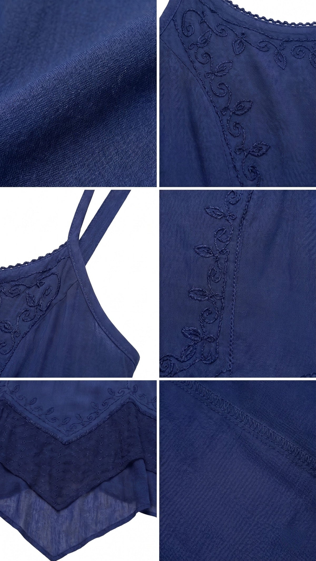 Close-up of navy embroidered neckline and tiered dress fabric